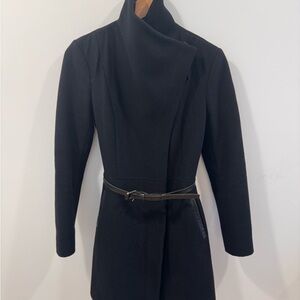 Mackage Asymmetrical Black Coat with Stand Collar, Leather Accents and Belt